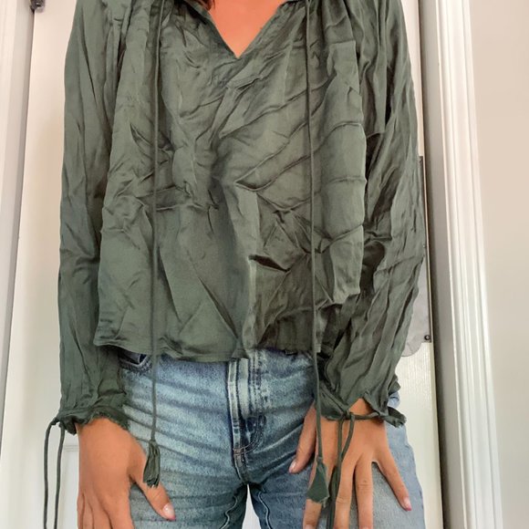 Urban Outfitters Green Silky Blouse with Tassels - Picture 1 of 2